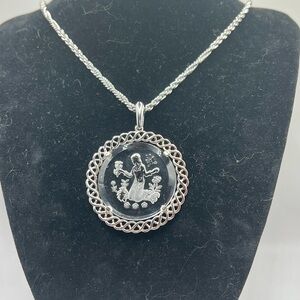 Virgo 1970’s Crown Trifari Intaglio Zodiac Glass Pendant on Silver Trifari Chain